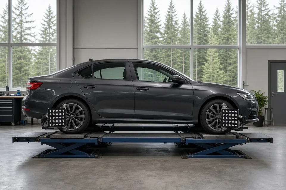 Auto nosturilla nelipyöräsuuntauksen mittatauluilla; kuvituskuva.